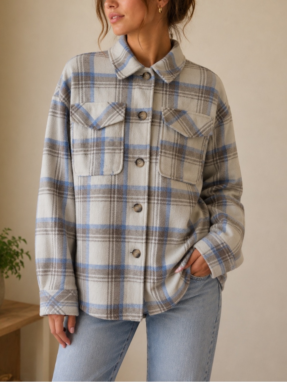 Garage Plaid Shacket Cream Blue Brown Flannel Button Up Oversized Jacket